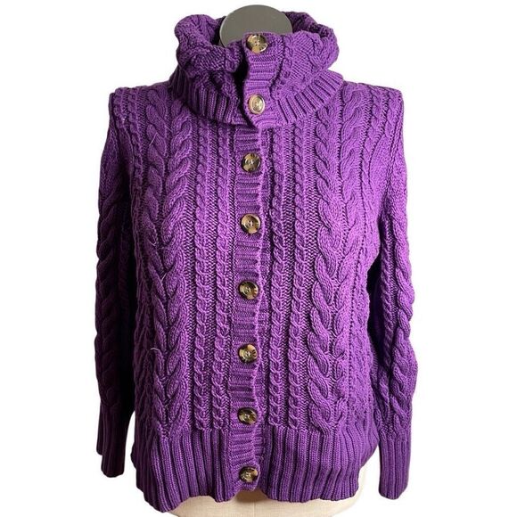 Lands’ End Womens Cable Knit Cardigan XL Petite Purple Royal Varsity Cottagecore - Picture 1 of 12